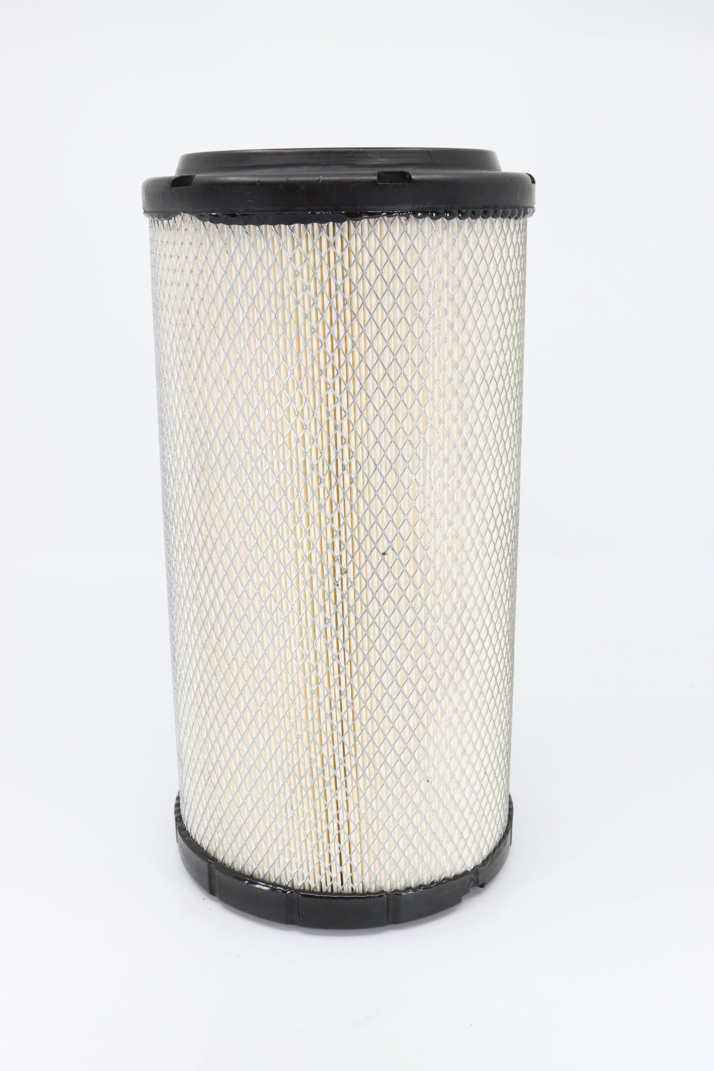 A new air filter, showing a cylindrical design with a black outer rim and a beige filtration material, isolated on a white background.