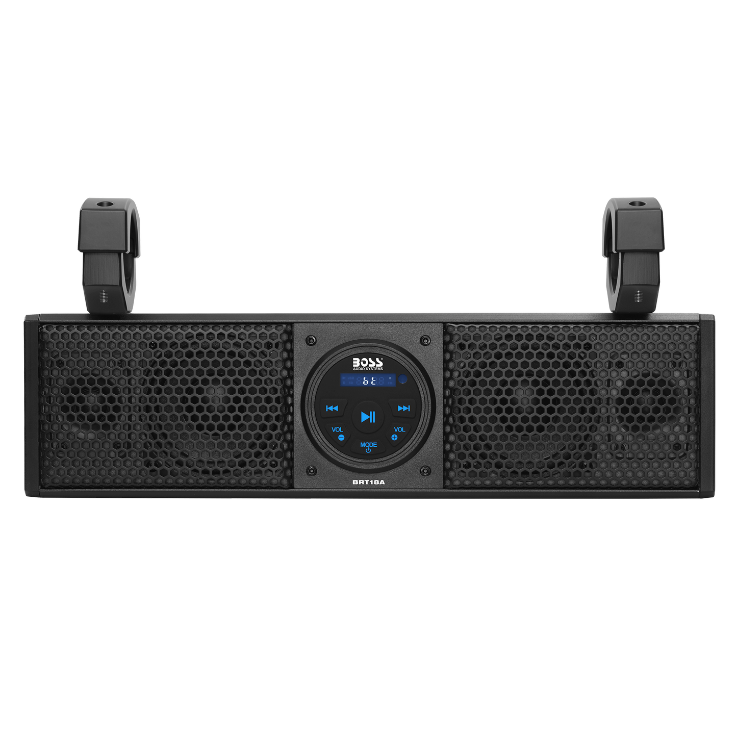 Black audio equipment with digital display on a white background