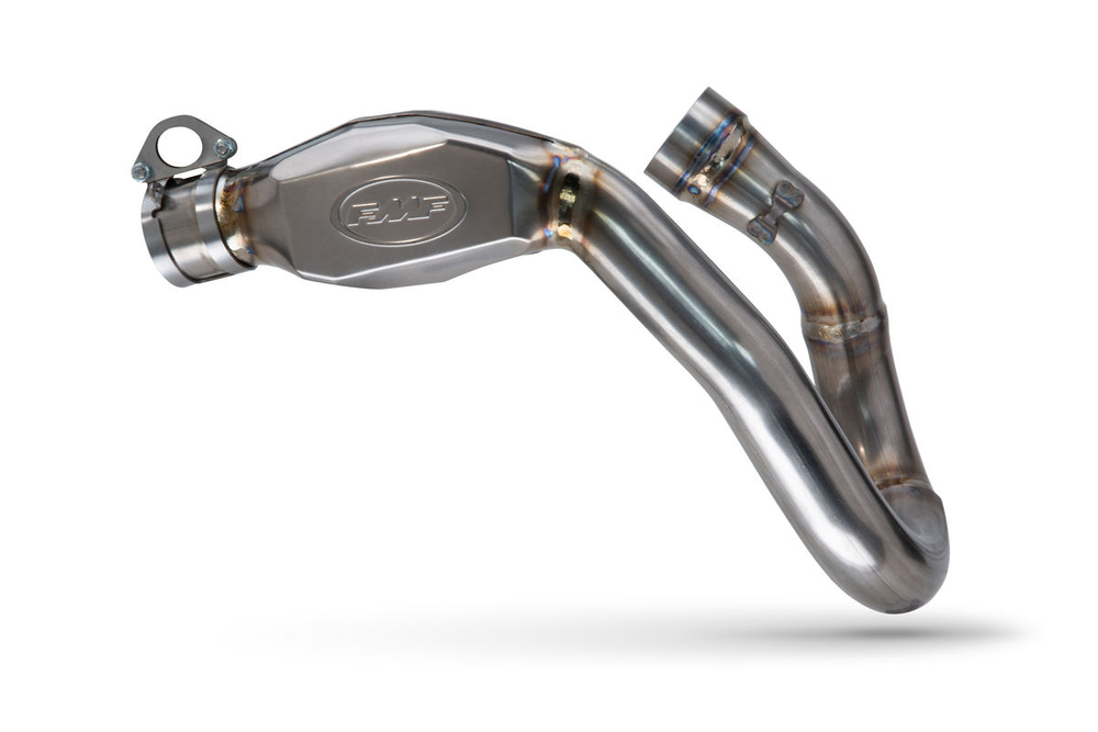 An FMF TI MegaBomb Header, made from high-grade titanium, designed for specific KTM, Husqvarna, and GasGas motorcycle models.