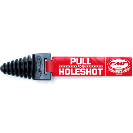 Red and black 'Pull for Holeshot' device with FMF logo on a white background