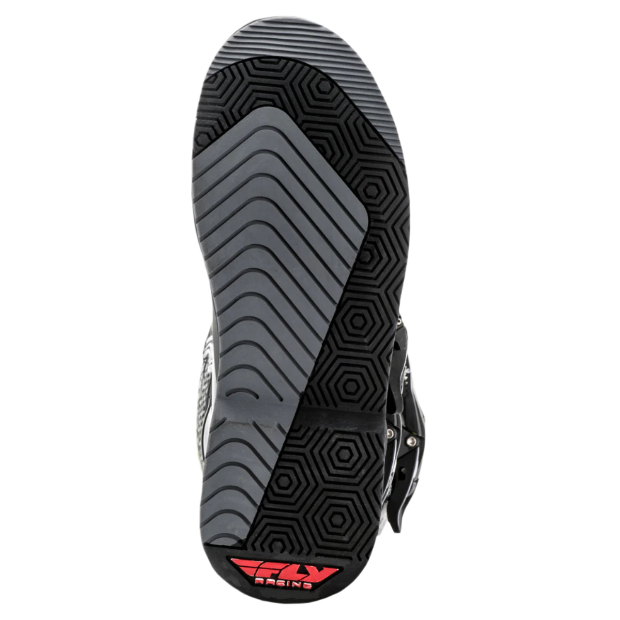 Black and gray boot sole with Fly Racing logo on a white background