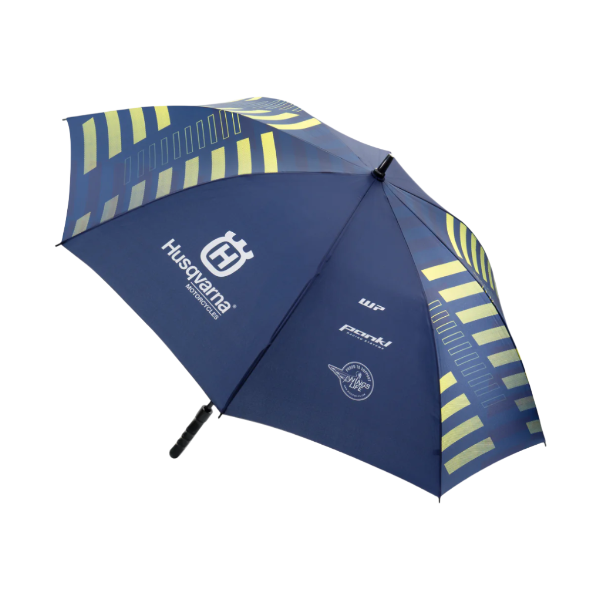 Navy blue umbrella with yellow accents and Husqvarna branding on a light gray background