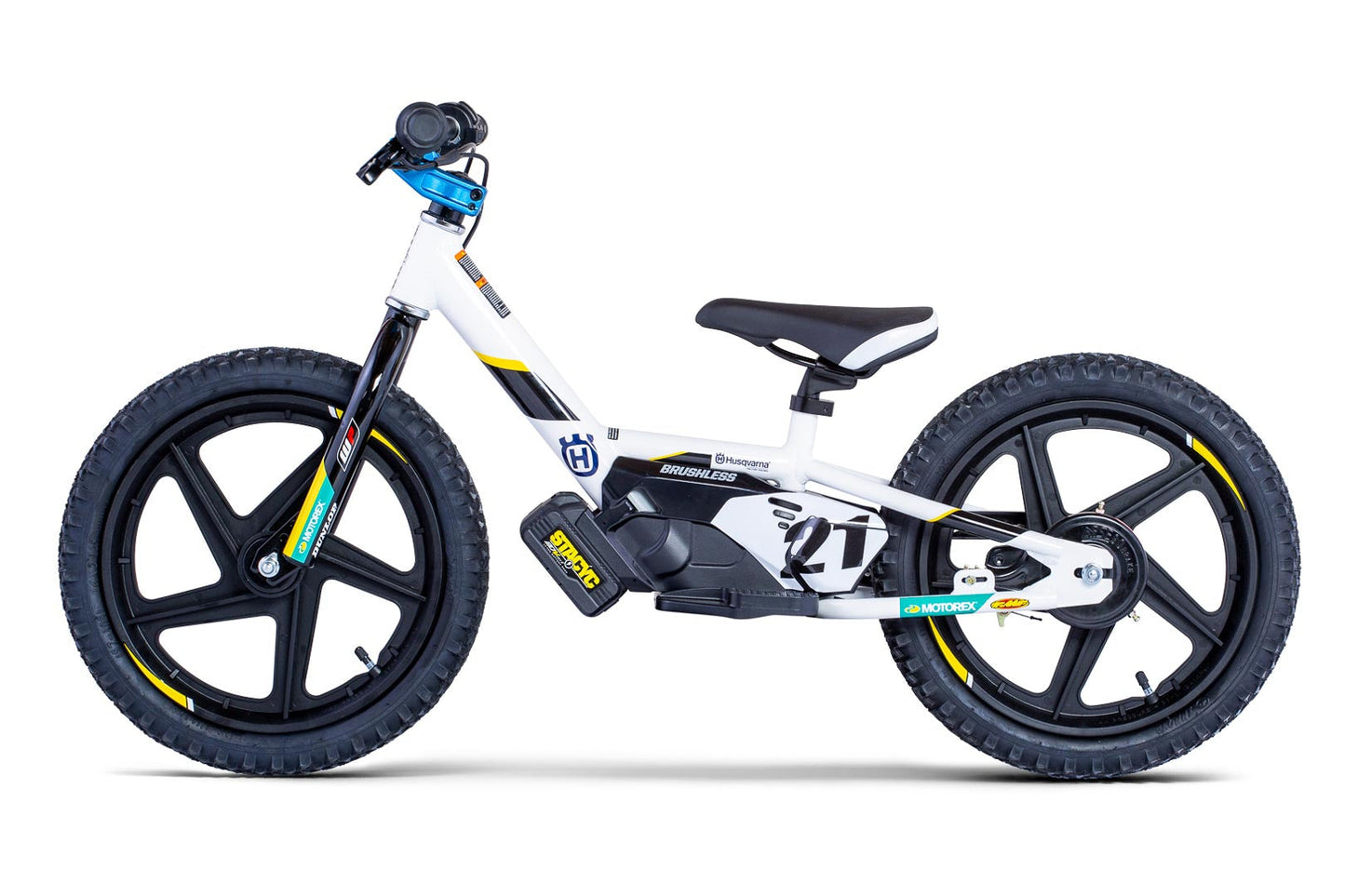 Husqvarna Factory Replica STACYC 12eDRIVE electric balance bike for kids with non-powered and powered modes, medium speed setting, and beginner-friendly design for balance and outdoor fun