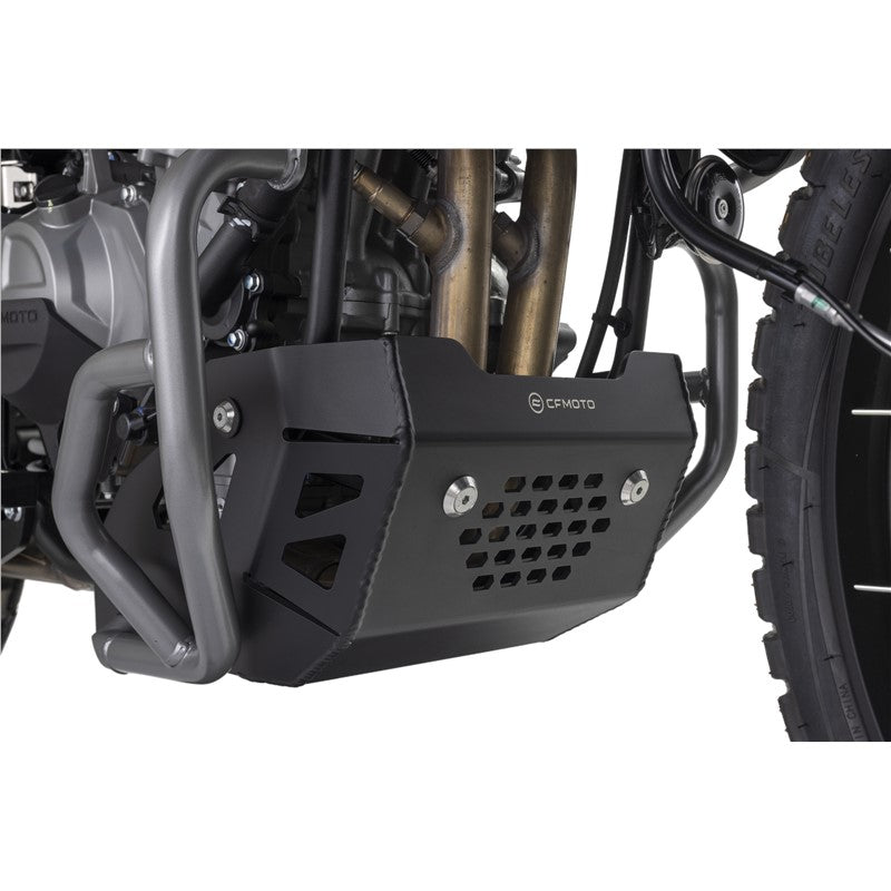 Motorcycle engine guard with CFMOTO branding on a white background