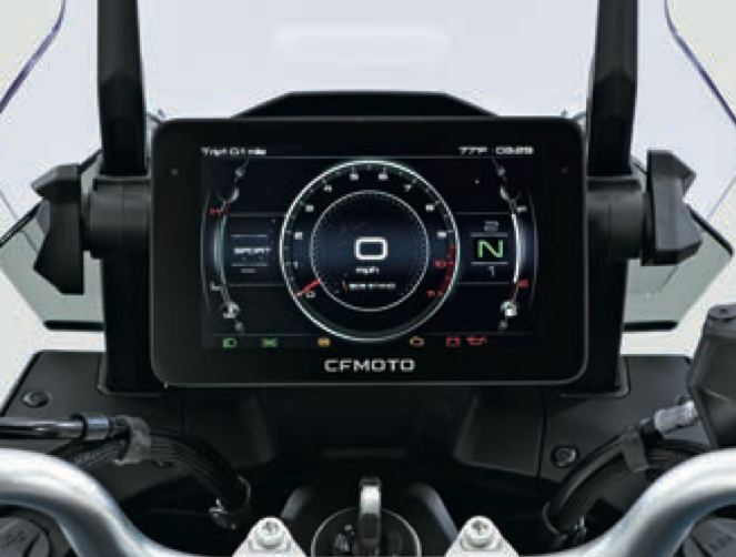 Digital display on a motorcycle with CFMOTO branding