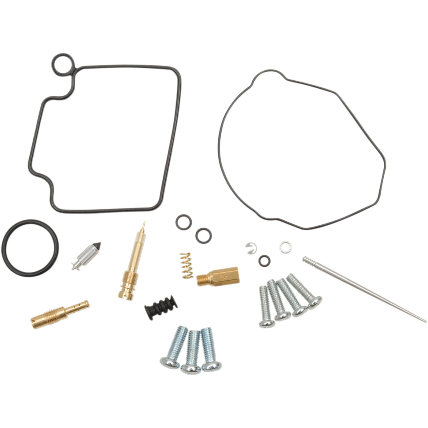 Collection of mechanical parts including gaskets, screws, and nozzles on a white background