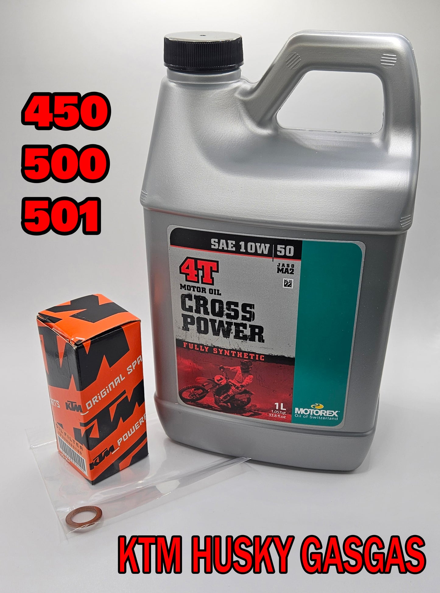 Motorex Oil Change Kit 1.2L KTM HUSQVARNA GASGAS. A bottle of motor oil with a filter, oring and crush washer.