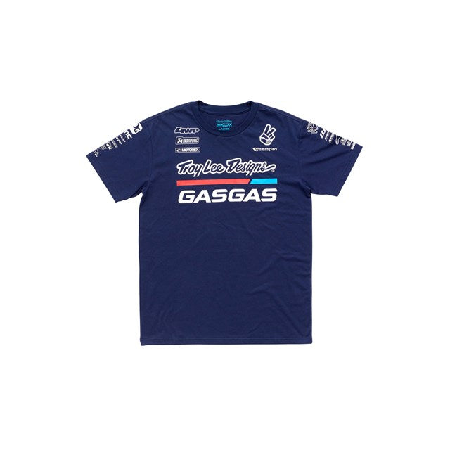 A navy blue GasGas team t-shirt with white and light blue text and logos.