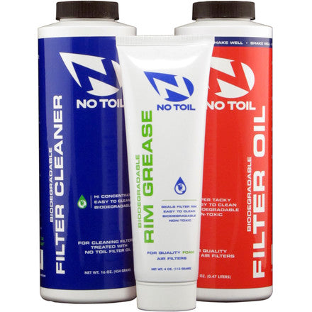 Three bottles of No Toil products including Filter Cleaner, Rim Grease, and Filter Oil on a white background.