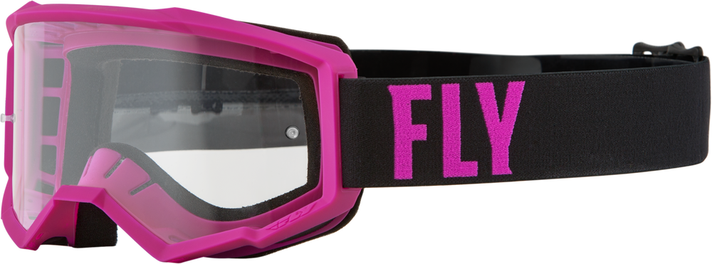 Pink goggles with 'FLY' branding on a black strap