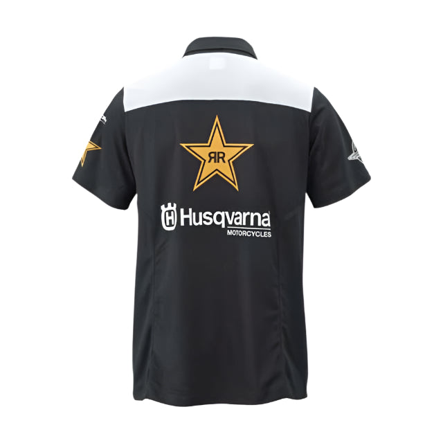 Black shirt with Husqvarna Motorcycles logo and star design on a white background