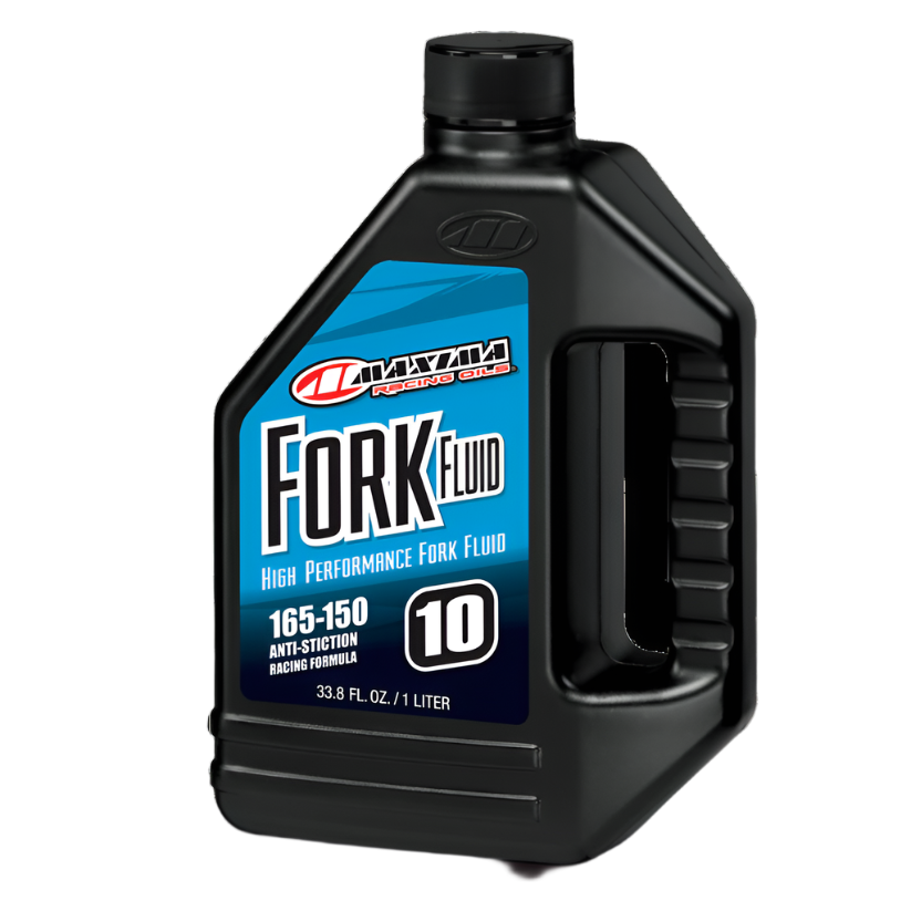 Maxima Fork Fluid bottle with blue label on a white background