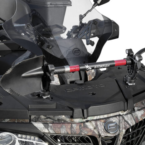 CFMoto Flex Grip Pair mounted on CFConnect holes of a CFMoto vehicle holding tools like shovels and rakes securely