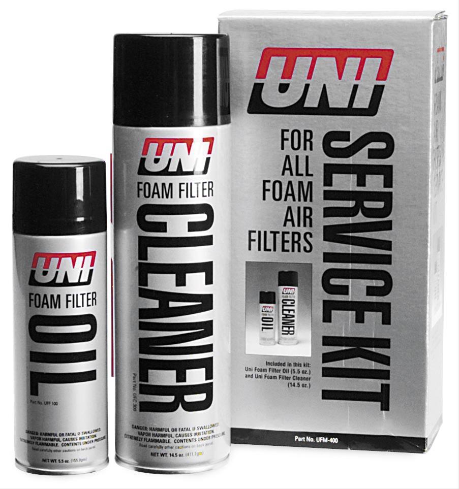 UNI foam filter oil and cleaner with a service kit on a white background