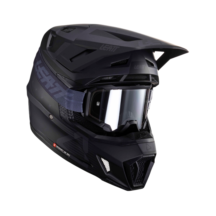 Black motocross helmet with clear visor on a white background