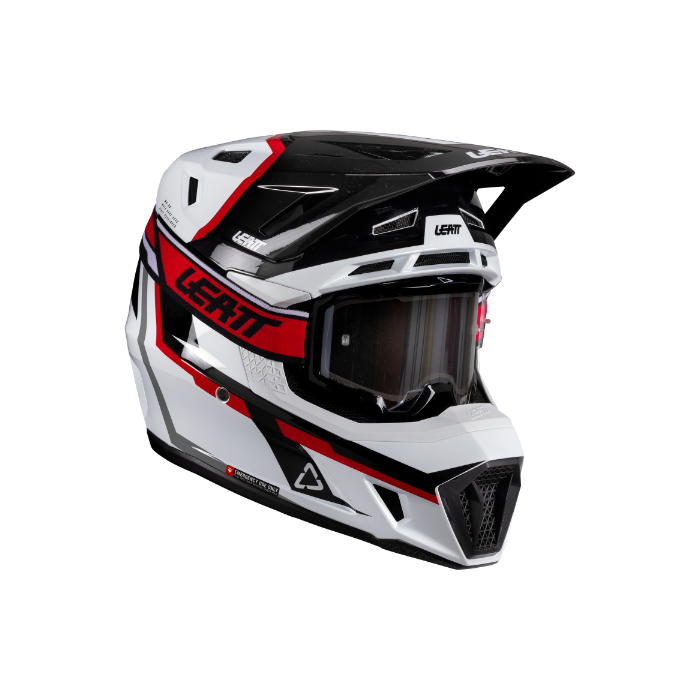 Leatt helmet with black, white, and red design on a white background