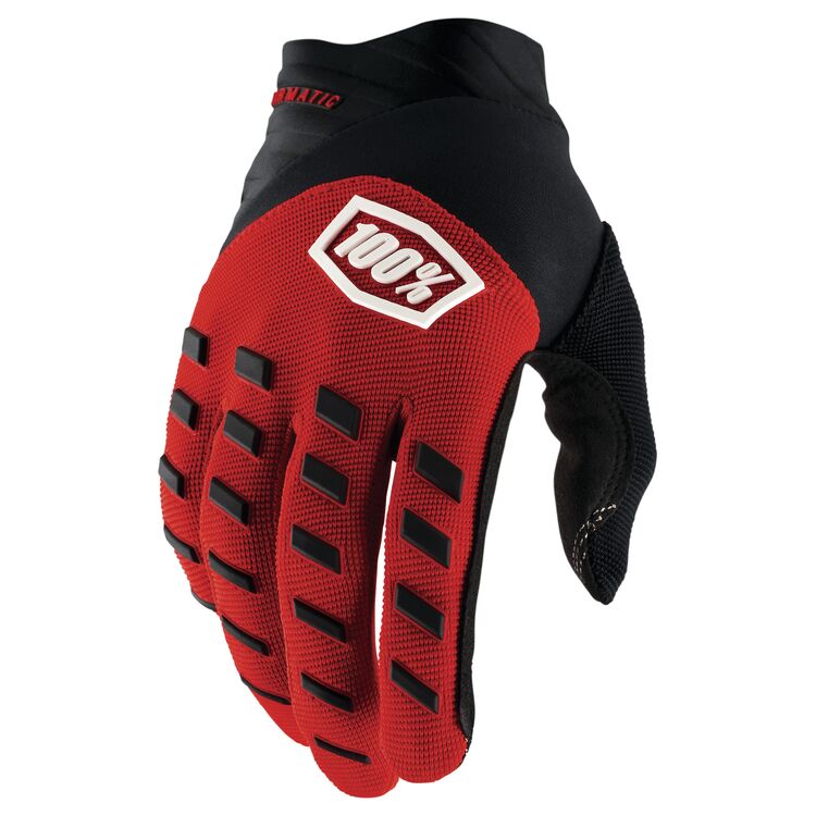 Red and black glove with 100% logo on a white background