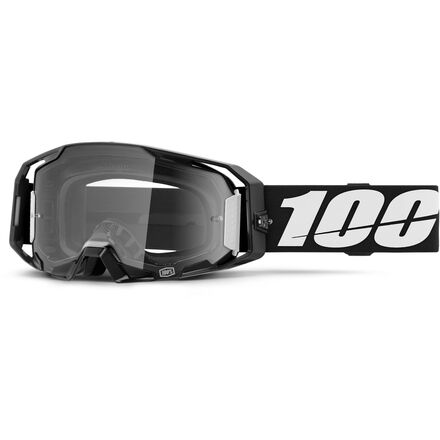 Black goggles with a clear lens on a white background, featuring the '100%' logo.