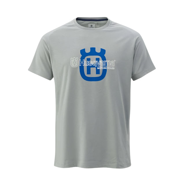 Gray Husqvarna t-shirt with blue and white logo on a light gray background