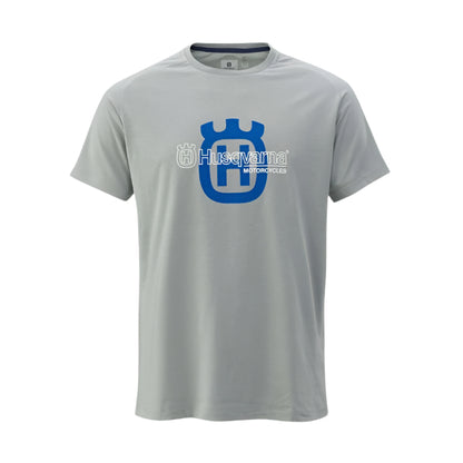 Gray Husqvarna t-shirt with blue and white logo on a light gray background