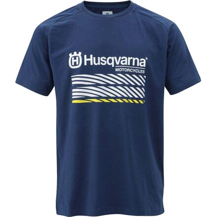 A navy blue t-shirt with the 'Husqvarna Motorcycles' logo printed in white and yellow on the chest.