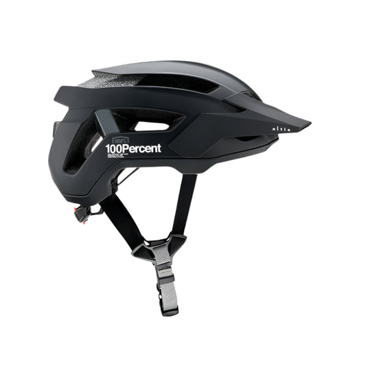 Black bicycle helmet with '100 Percent' branding on a white background