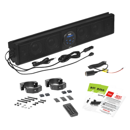 Offroad audio system kit with speaker, wiring, brackets, and remote control on a white background