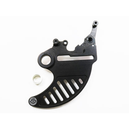 Bullet Proof Designs rear disc guard for KTM, Husqvarna, GasGas, and Stark Varg 125â€“501 bikes, 2004â€“2025, protects rear brake rotor, lightweight one-piece design, includes 20/22/25mm axle spacers, off-road and motocross use