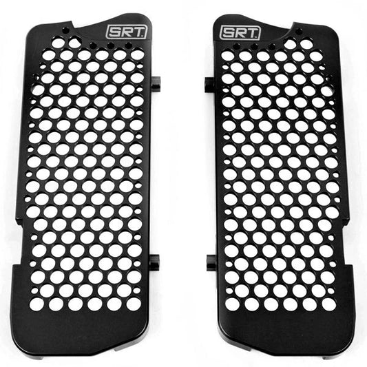 Two black metal radiator guards with SRT branding on a white background