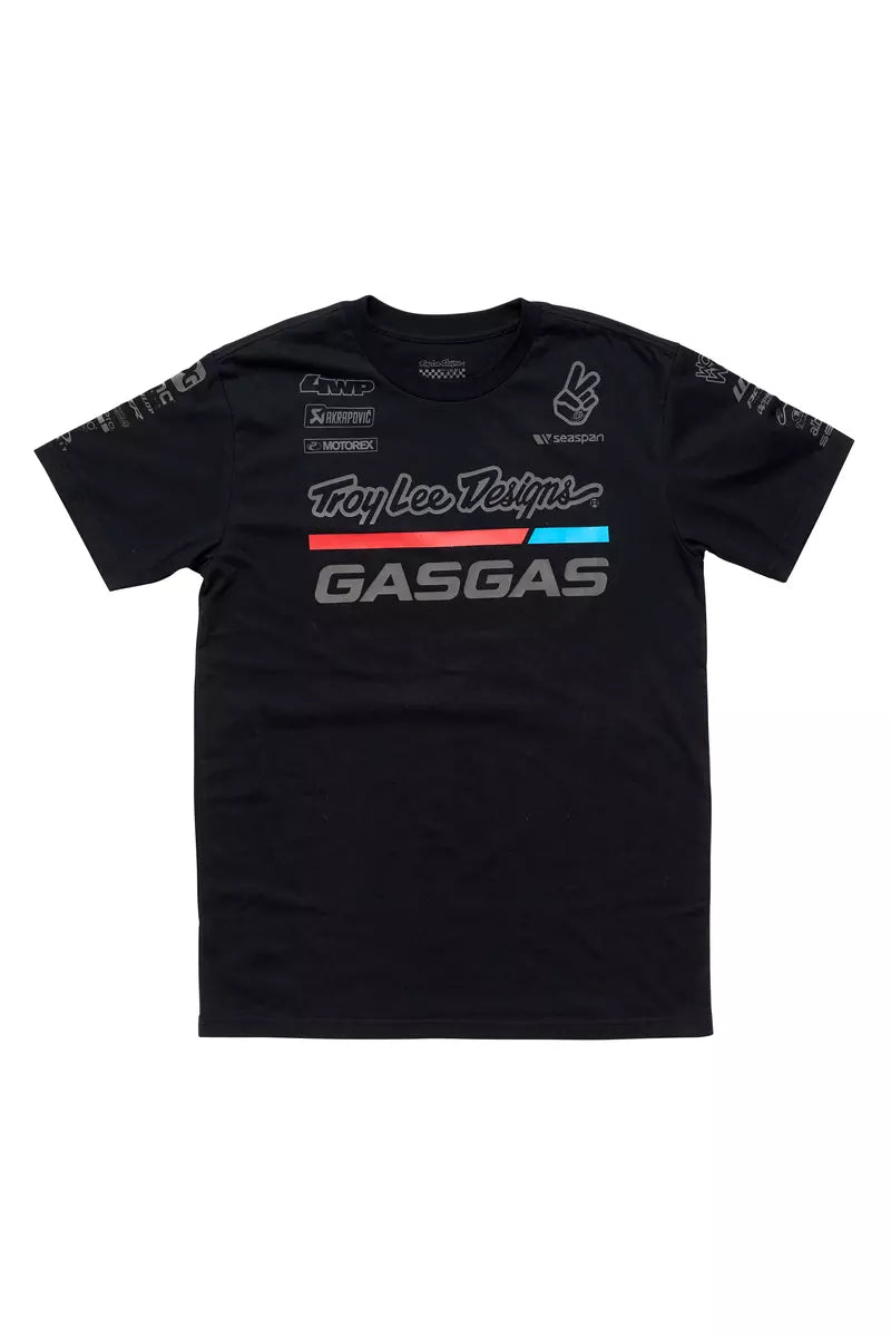 A black GasGas team t-shirt with white and light blue text and logos.