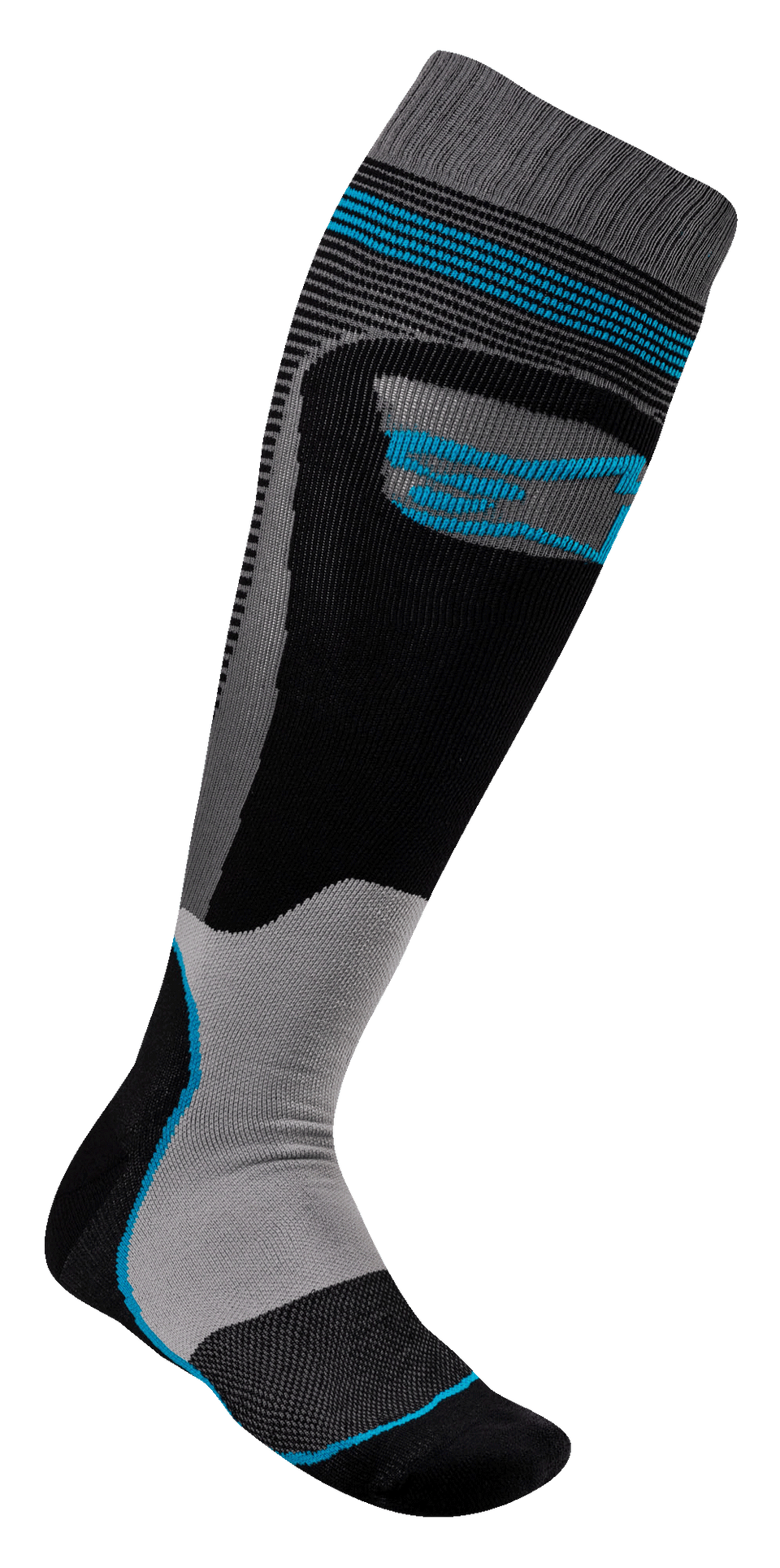 Knee-high sock with black, gray, and blue design on a transparent background