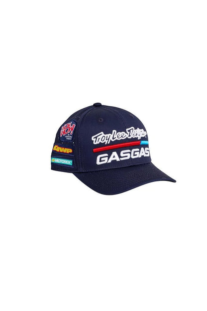 A navy blue baseball cap with 'TLD GASGAS TEAM' text and logos on the front.