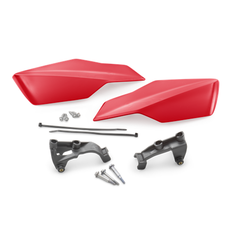 Red motorcycle fairing parts with mounting hardware on a white background