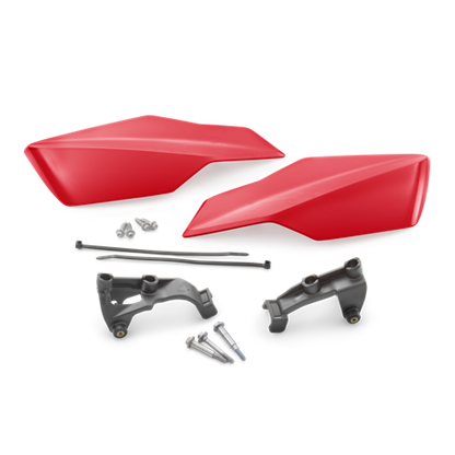Red motorcycle fairing parts with mounting hardware on a white background