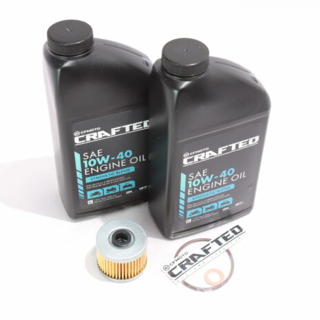 Two bottles of CFMoto SAE 10W-40 engine oil and an oil filter with gasket, on a white background.