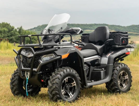 Front bumper for CFORCE 600 vehicle, made of black powder coated steel, displayed in an outdoor setting.