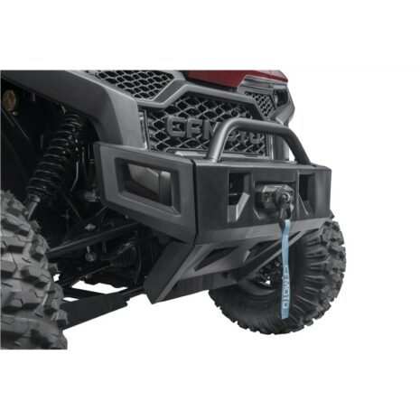 Front bumper of a vehicle, primarily black in color, designed for durability and protection.