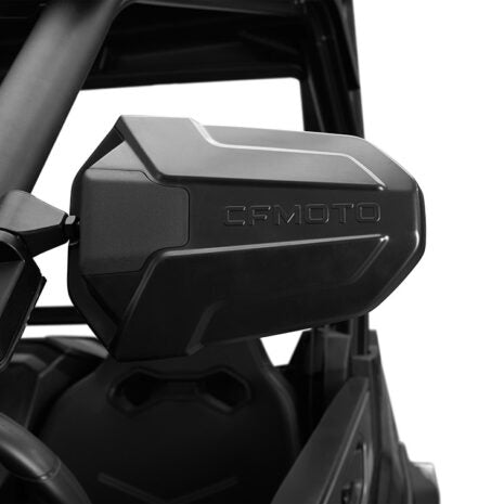 Side mirror for CFMoto vehicle, featuring a black, rectangular mirror mounted on a vehicle frame.