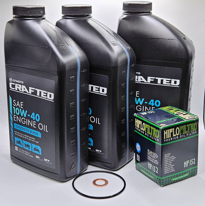Three bottles of CRAFTED engine oil and a box of HIFLOFILTRO filters on a white background. CFMoto Oil Change Kit 3 Quarts