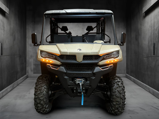CFMoto UForce 1000 XL Turn Signal Kit by WD Electronics with amber button lights, main control module, horn, and lighted license plate frame installed on UTV