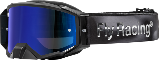 Black goggles with blue lenses featuring 'Fly Racing' branding.