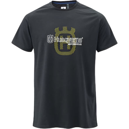 Black t-shirt with Husqvarna logo on a white background