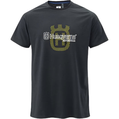 Black t-shirt with Husqvarna logo on a white background