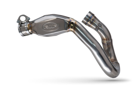 An FMF TI MegaBomb Header, made from high-grade titanium, designed for specific KTM, Husqvarna, and GasGas motorcycle models.