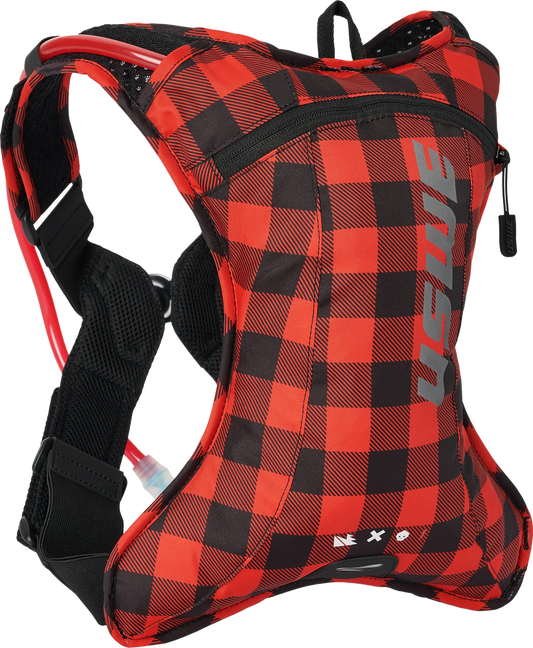Red and black checkered hydration vest with brand logo on a white background