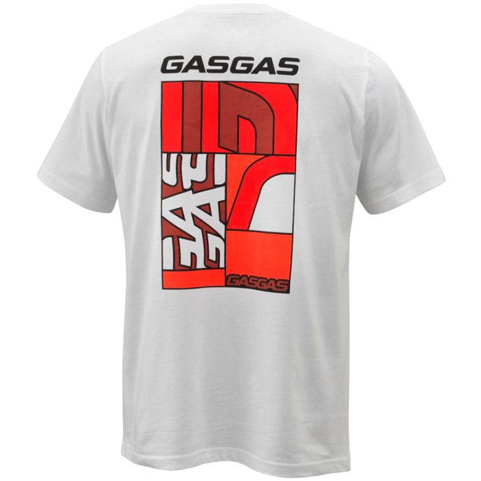 White t-shirt with red and black graphics and 'GasGas' branding on a white background