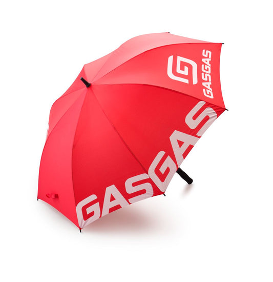 Red umbrella with 'GASGAS' branding on a white background