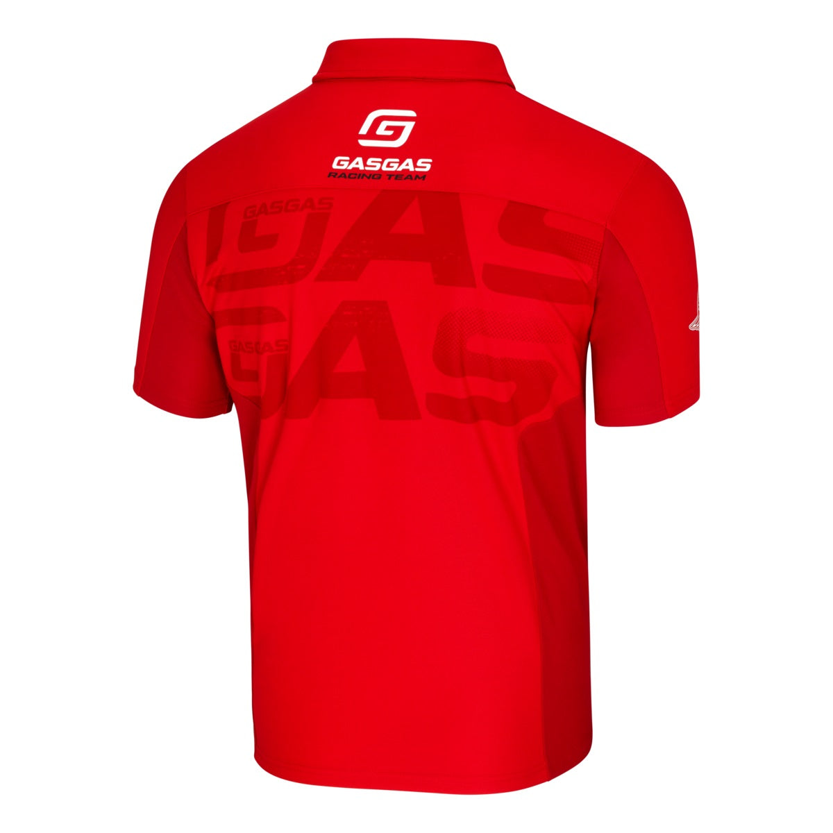 Red polo shirt with 'GasGas' branding on a white background