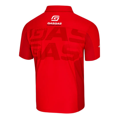 Red polo shirt with 'GasGas' branding on a white background