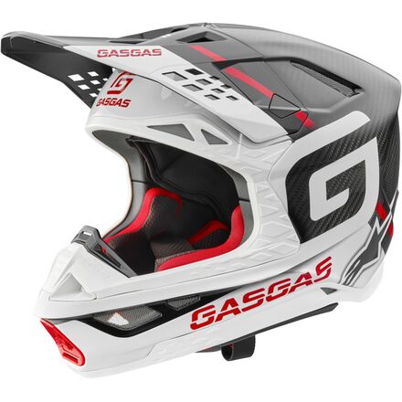 White motocross helmet with red and black accents featuring the GasGas logo on a white background.